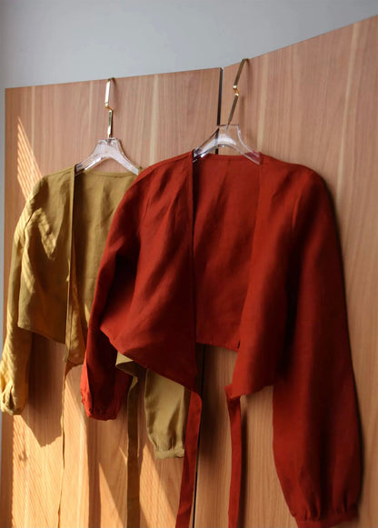 Custom Linen Wrap Blouse – Long Sleeve V-Neck, Made to Order