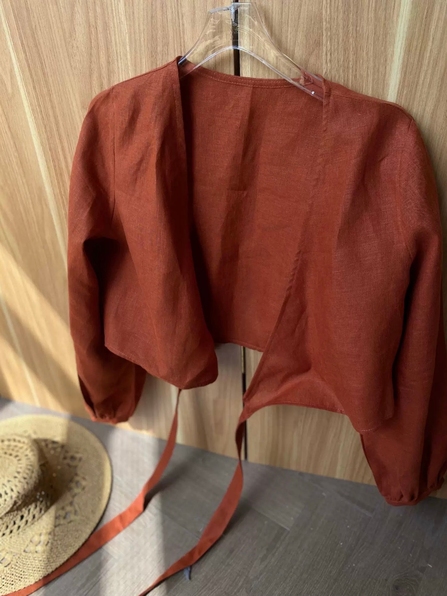 Custom Linen Wrap Blouse – Long Sleeve V-Neck, Made to Order