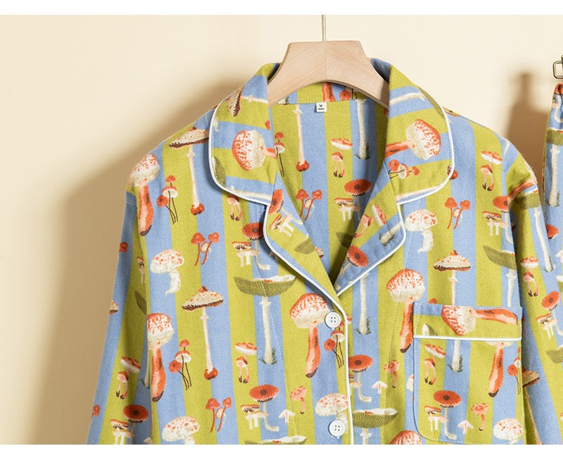 Mushroom print Women pajamas, Striped PJS, Bridesmaid proposal, Soft homewear, Loungewear for travel