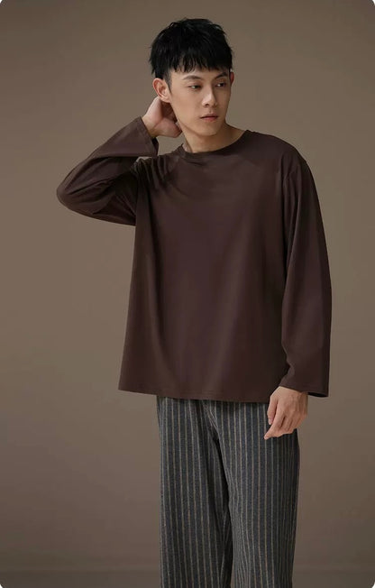 Men’s Cozy Cotton Lounge Set – Long Sleeve Top & Striped Pants Pajamas