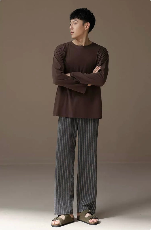 Men’s Cozy Cotton Lounge Set – Long Sleeve Top & Striped Pants Pajamas