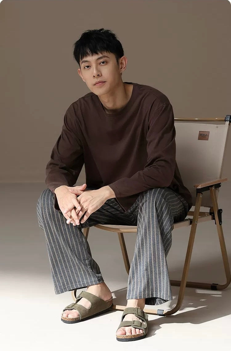 Men’s Cozy Cotton Lounge Set – Long Sleeve Top & Striped Pants Pajamas