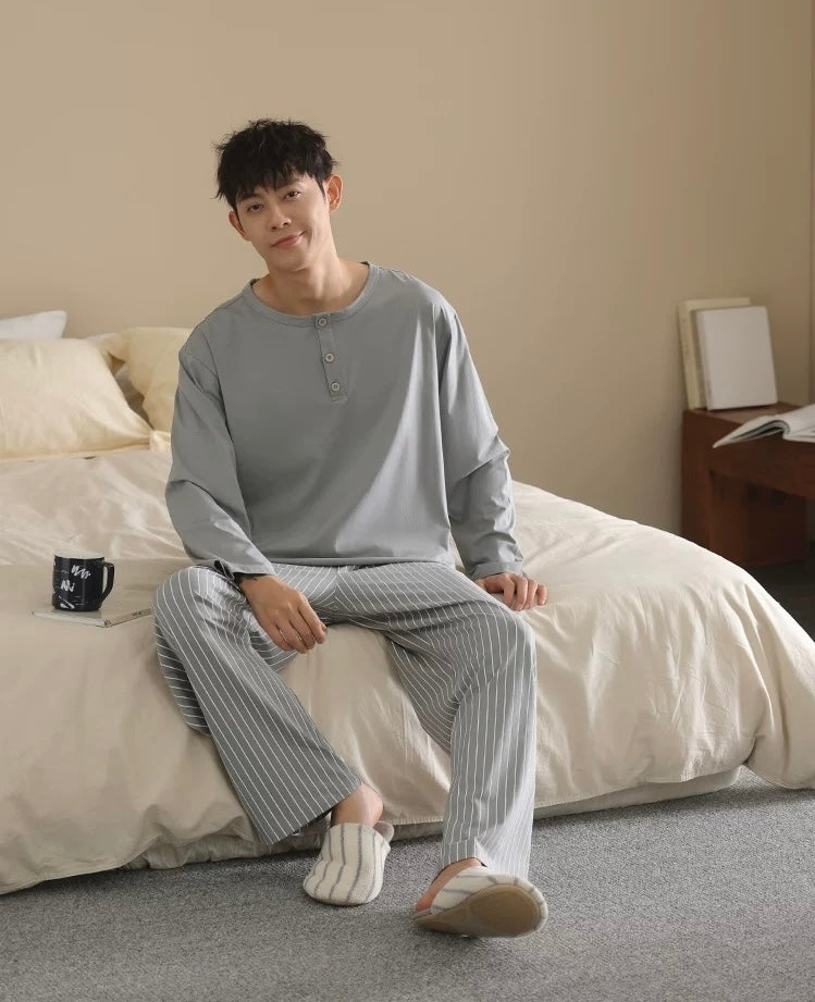 Men’s Cotton Lounge Pajamas Set – Grey Blue Striped Long Sleeve Sleepwear