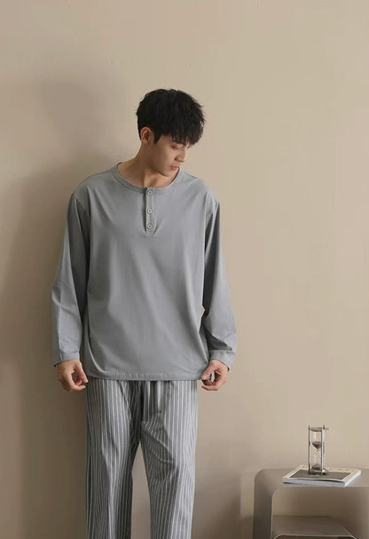 Men’s Cotton Lounge Pajamas Set – Grey Blue Striped Long Sleeve Sleepwear