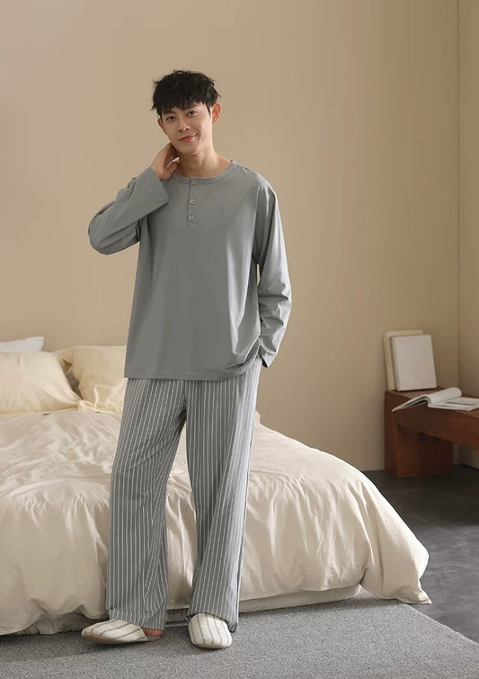 Men’s Cotton Lounge Pajamas Set – Grey Blue Striped Long Sleeve Sleepwear
