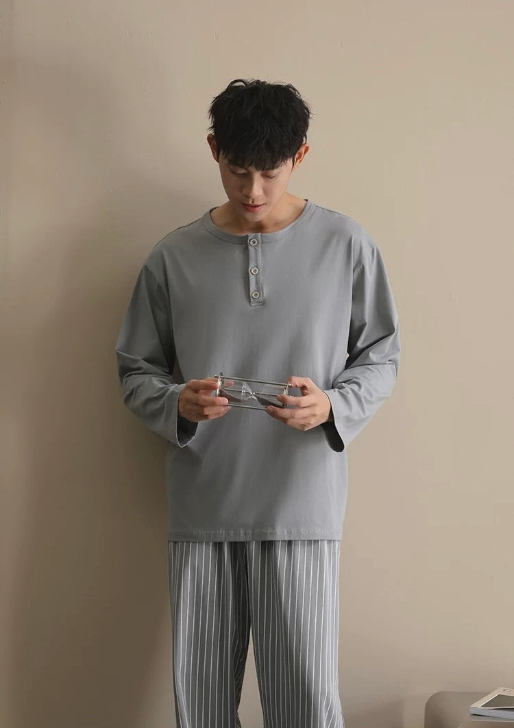 Men’s Cotton Lounge Pajamas Set – Grey Blue Striped Long Sleeve Sleepwear