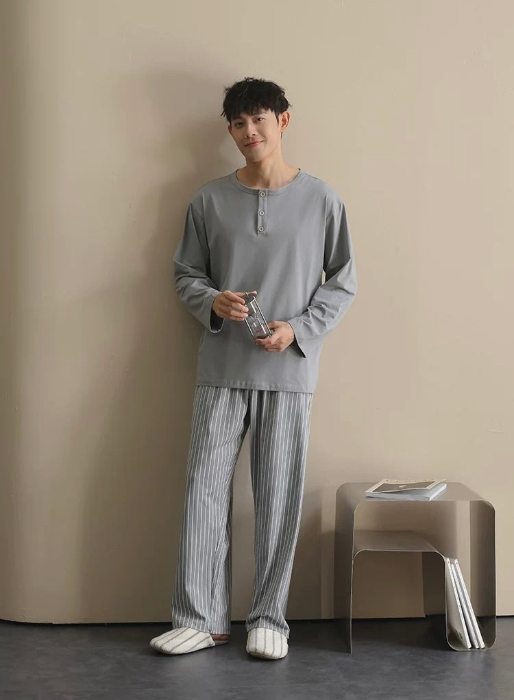 Men’s Cotton Lounge Pajamas Set – Grey Blue Striped Long Sleeve Sleepwear