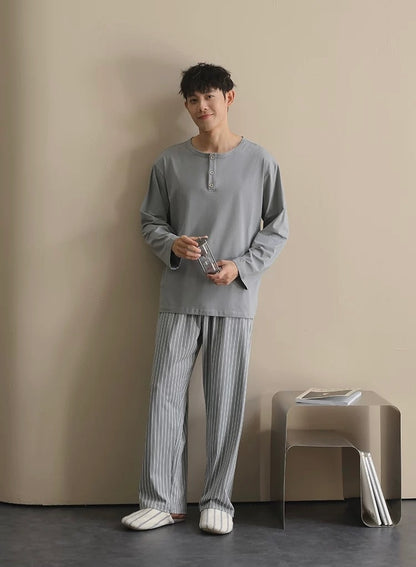 Men’s Cotton Lounge Pajamas Set – Grey Blue Striped Long Sleeve Sleepwear