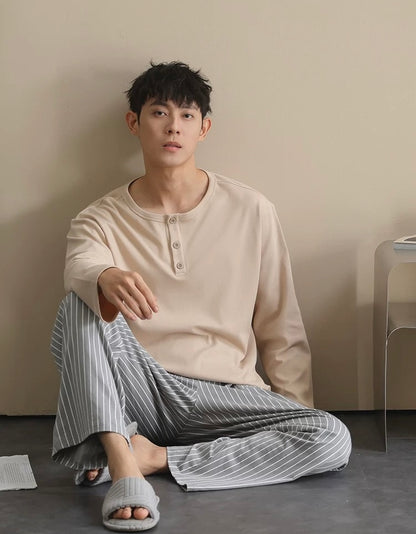 Men’s Beige Lounge Pajamas Set – Soft Cotton Striped Pants Sleepwear for Autumn Winter