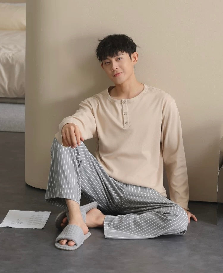 Men’s Beige Lounge Pajamas Set – Soft Cotton Striped Pants Sleepwear for Autumn Winter