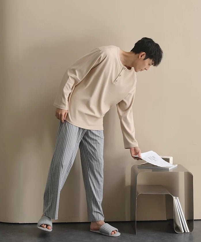 Men’s Beige Lounge Pajamas Set – Soft Cotton Striped Pants Sleepwear for Autumn Winter