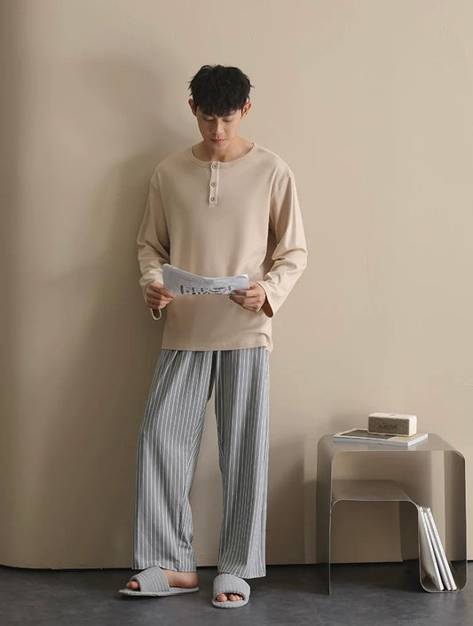 Men’s Beige Lounge Pajamas Set – Soft Cotton Striped Pants Sleepwear for Autumn Winter