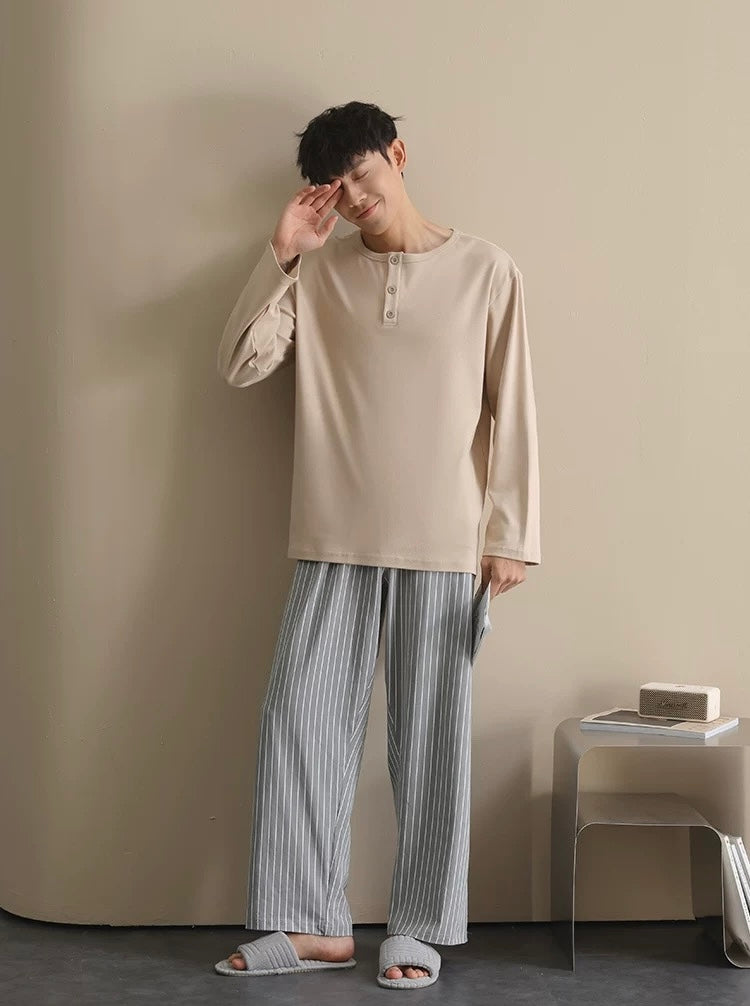 Men’s Beige Lounge Pajamas Set – Soft Cotton Striped Pants Sleepwear for Autumn Winter