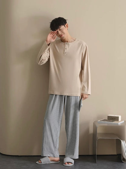 Men’s Beige Lounge Pajamas Set – Soft Cotton Striped Pants Sleepwear for Autumn Winter