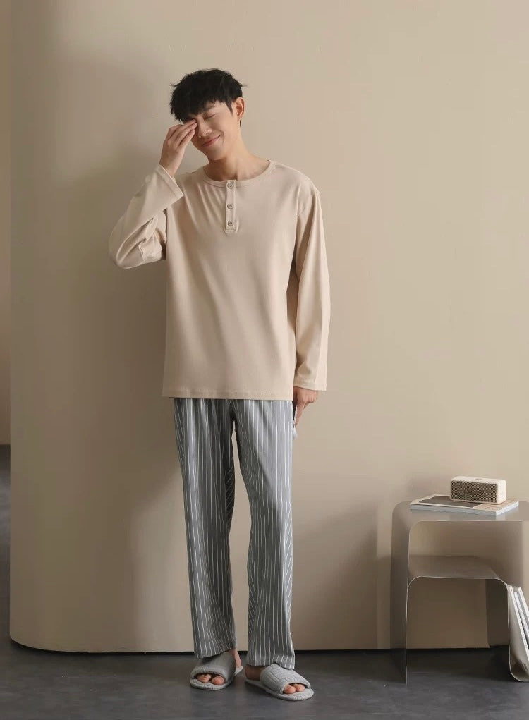 Men’s Beige Lounge Pajamas Set – Soft Cotton Striped Pants Sleepwear for Autumn Winter