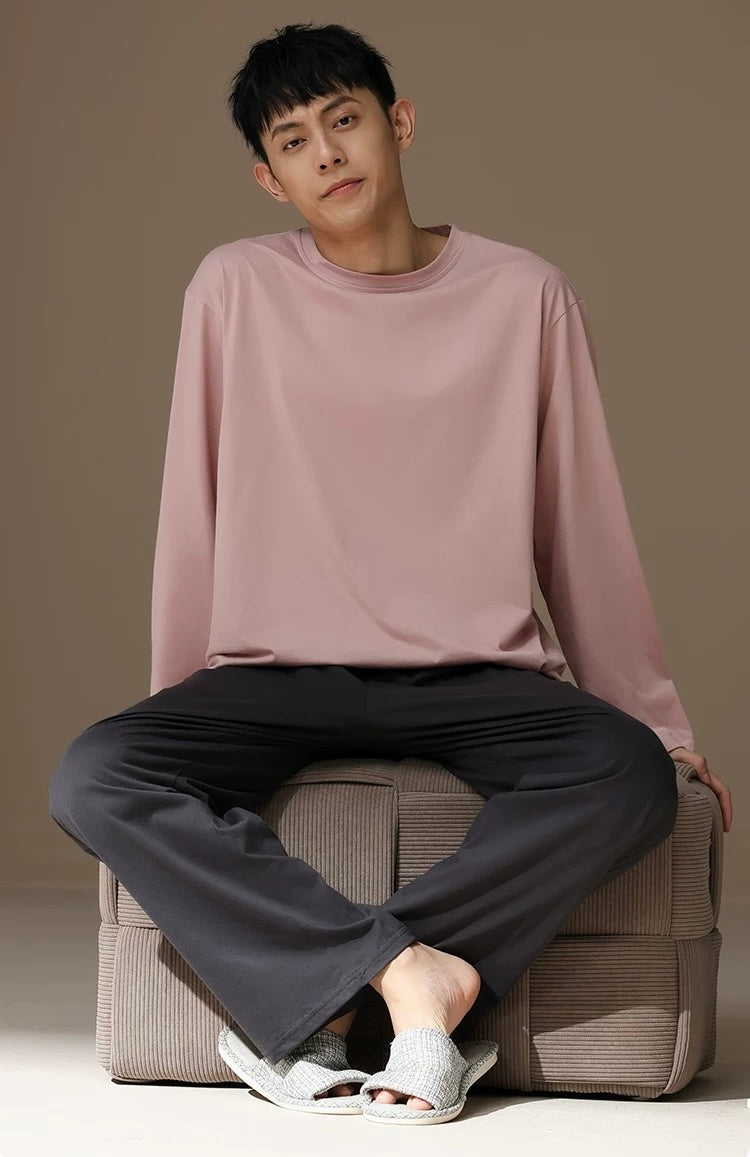 Men’s Cotton Pajama Set – Gray Pink & Dark Gray | Cozy Winter Loungewear