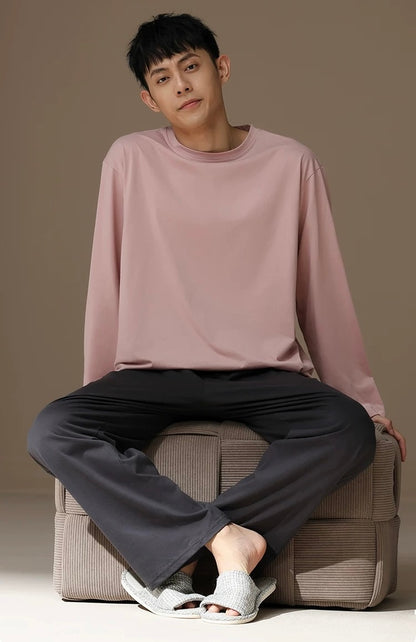 Men’s Cotton Pajama Set – Gray Pink & Dark Gray | Cozy Winter Loungewear