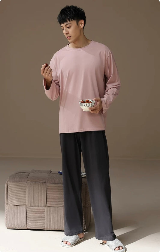 Men’s Cotton Pajama Set – Gray Pink & Dark Gray | Cozy Winter Loungewear