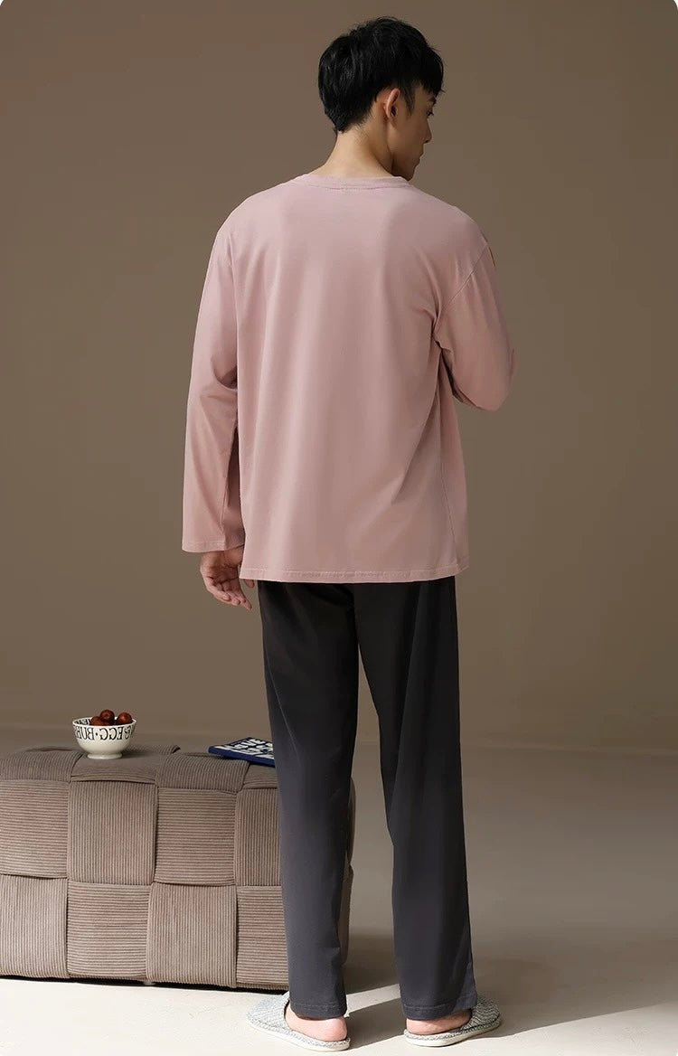 Men’s Cotton Pajama Set – Gray Pink & Dark Gray | Cozy Winter Loungewear