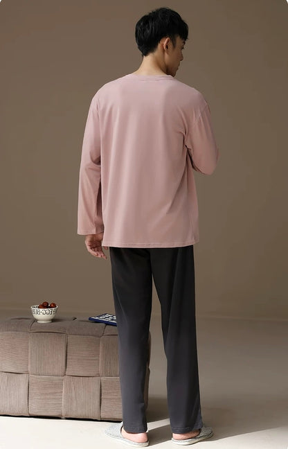 Men’s Cotton Pajama Set – Gray Pink & Dark Gray | Cozy Winter Loungewear
