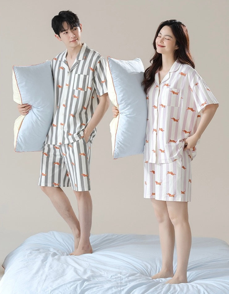 Sausage dog print Short sleeve shirt and shorts, Dachshund print cotton PJS, Cartoon Couple Pajamas