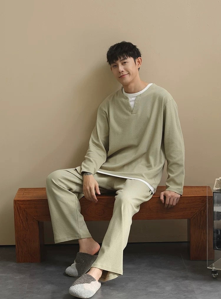 Men’s Cotton Pajama Set – Soft Green Waffle Knit Loungewear