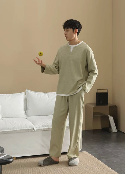 Men’s Cotton Pajama Set – Soft Green Waffle Knit Loungewear