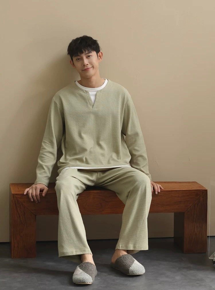 Men’s Cotton Pajama Set – Soft Green Waffle Knit Loungewear