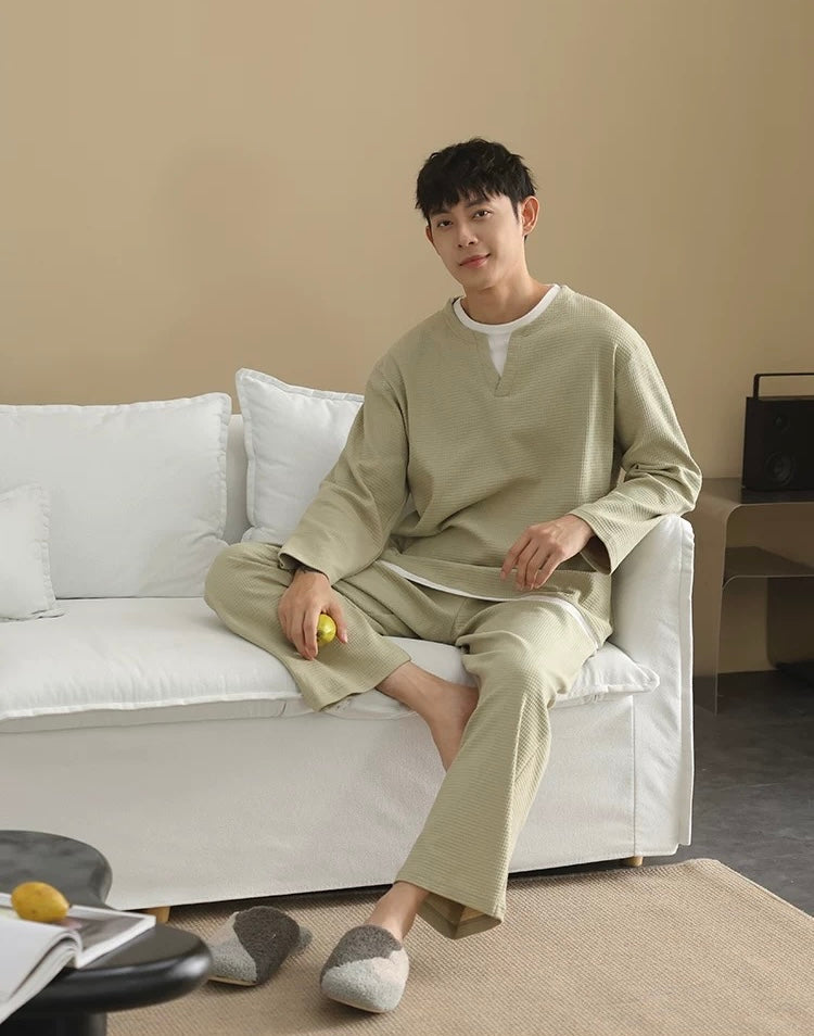 Men’s Cotton Pajama Set – Soft Green Waffle Knit Loungewear