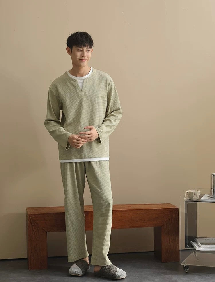 Men’s Cotton Pajama Set – Soft Green Waffle Knit Loungewear