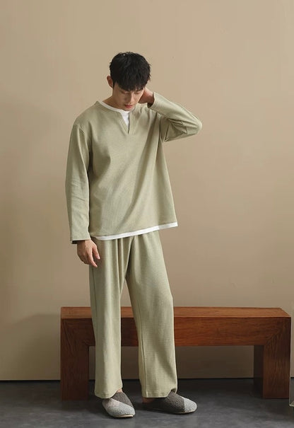 Men’s Cotton Pajama Set – Soft Green Waffle Knit Loungewear