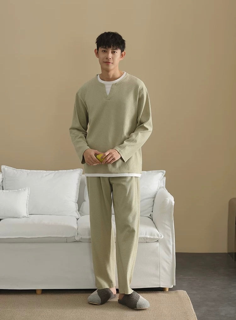 Men’s Cotton Pajama Set – Soft Green Waffle Knit Loungewear