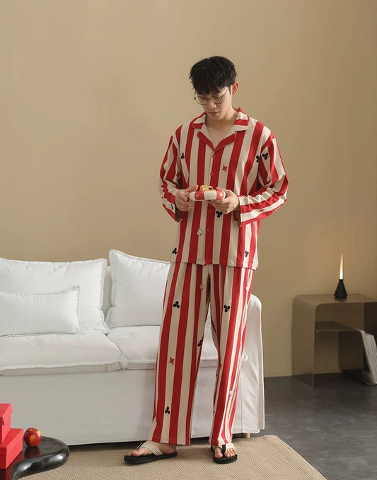 Men’s Red Stripe Poker Pajama Set – Cotton Button Down Sleepwear