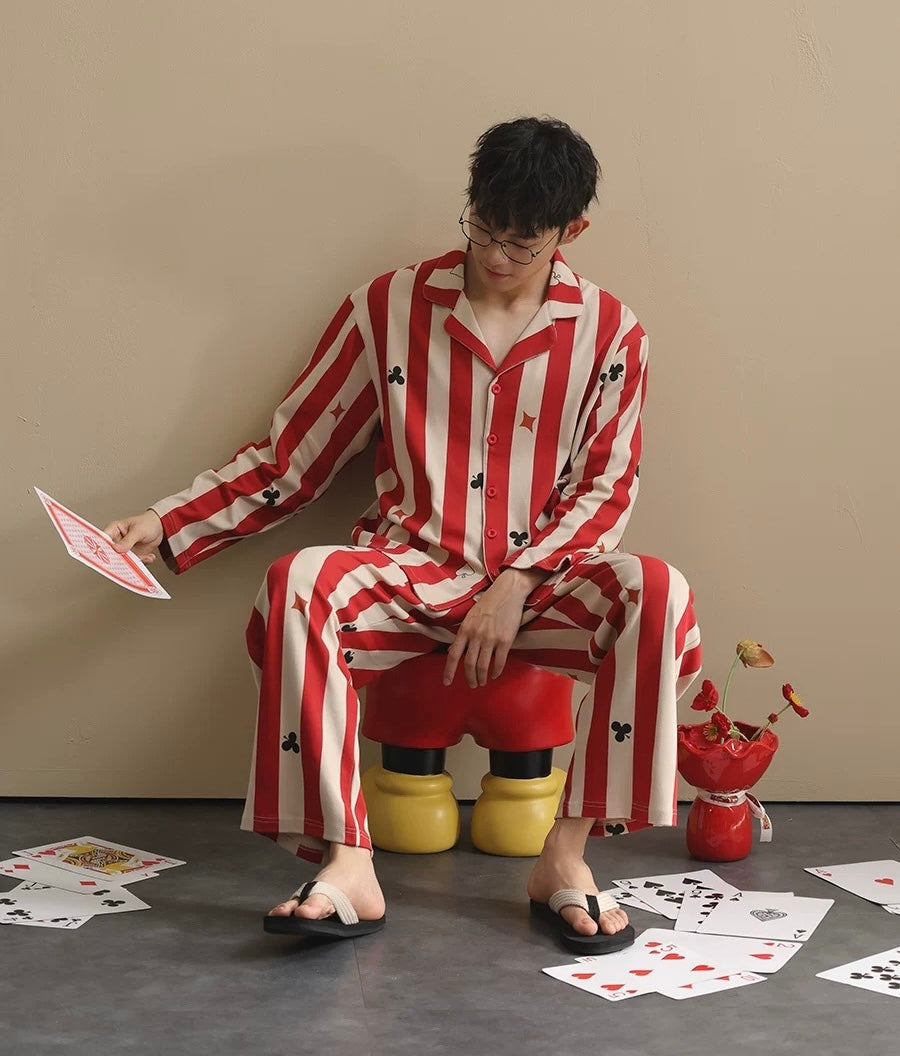 Men’s Red Stripe Poker Pajama Set – Cotton Button Down Sleepwear