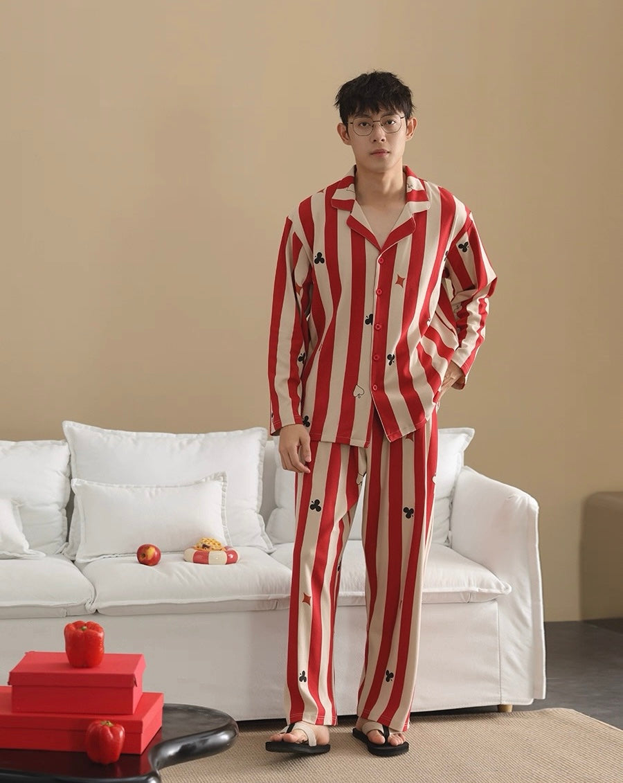 Men’s Red Stripe Poker Pajama Set – Cotton Button Down Sleepwear