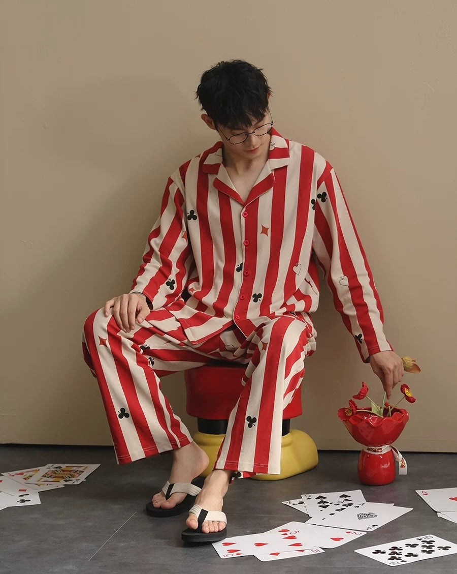 Men’s Red Stripe Poker Pajama Set – Cotton Button Down Sleepwear