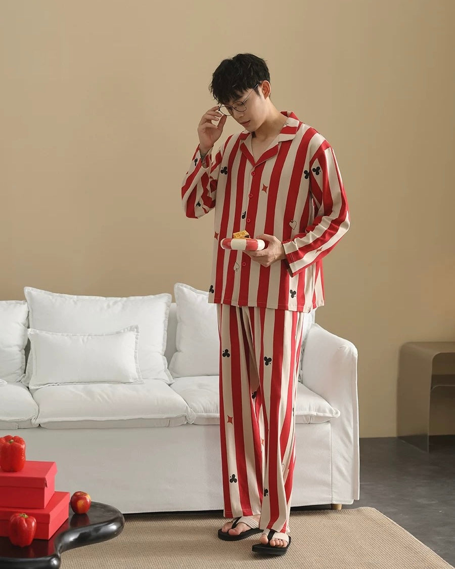 Men’s Red Stripe Poker Pajama Set – Cotton Button Down Sleepwear