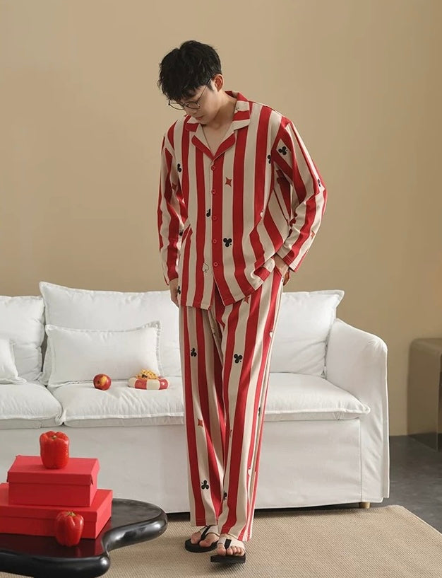 Men’s Red Stripe Poker Pajama Set – Cotton Button Down Sleepwear