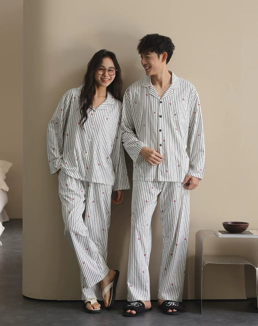 Matching Couple Pajamas Set – Cotton Striped Loungewear for Him & Her
