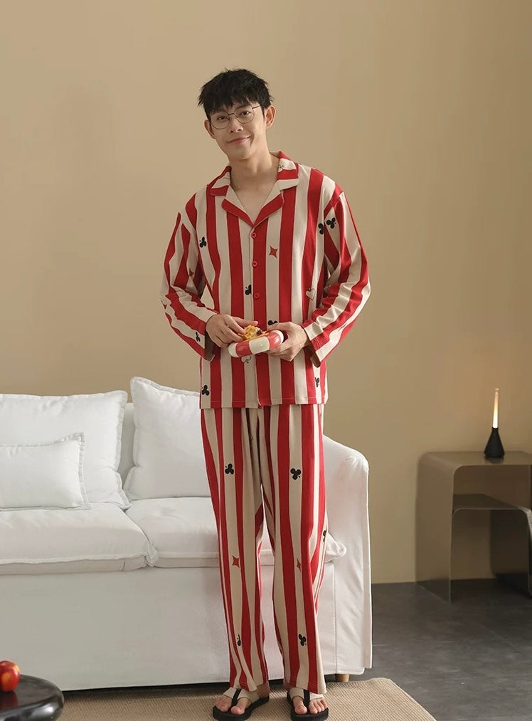 Men’s Red Stripe Poker Pajama Set – Cotton Button Down Sleepwear