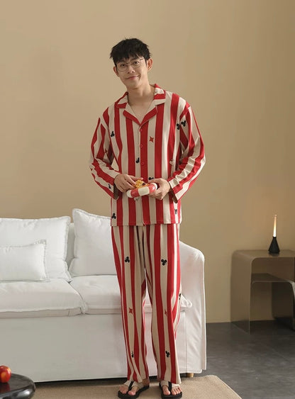Men’s Red Stripe Poker Pajama Set – Cotton Button Down Sleepwear