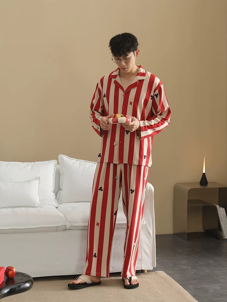 Men’s Red Stripe Poker Pajama Set – Cotton Button Down Sleepwear
