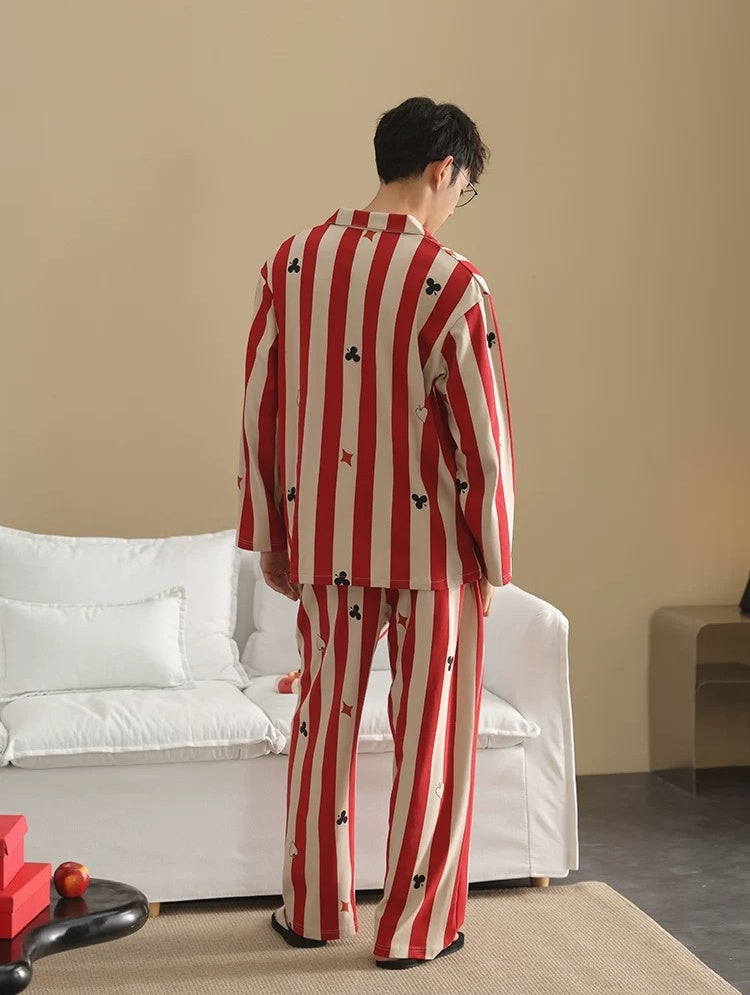 Men’s Red Stripe Poker Pajama Set – Cotton Button Down Sleepwear