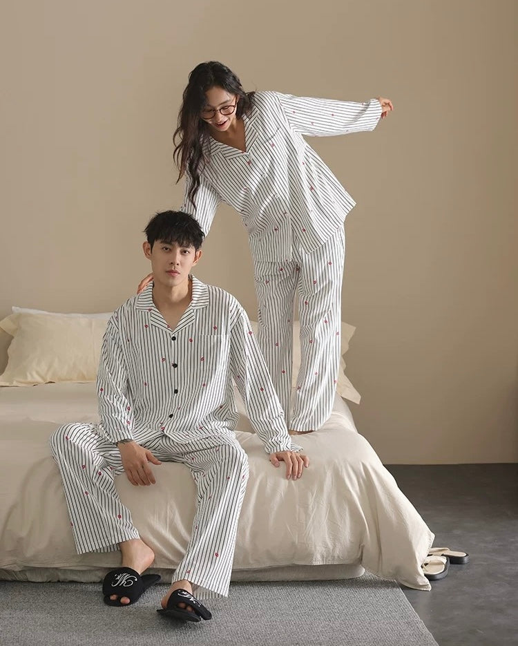 Matching Couple Pajamas Set – Cotton Striped Loungewear for Him & Her