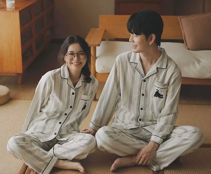 Couple Cotton Pajama Set – Striped Loungewear with Cat Embroidery
