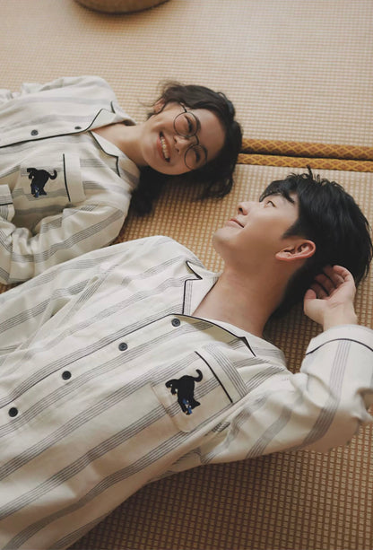 Couple Cotton Pajama Set – Striped Loungewear with Cat Embroidery