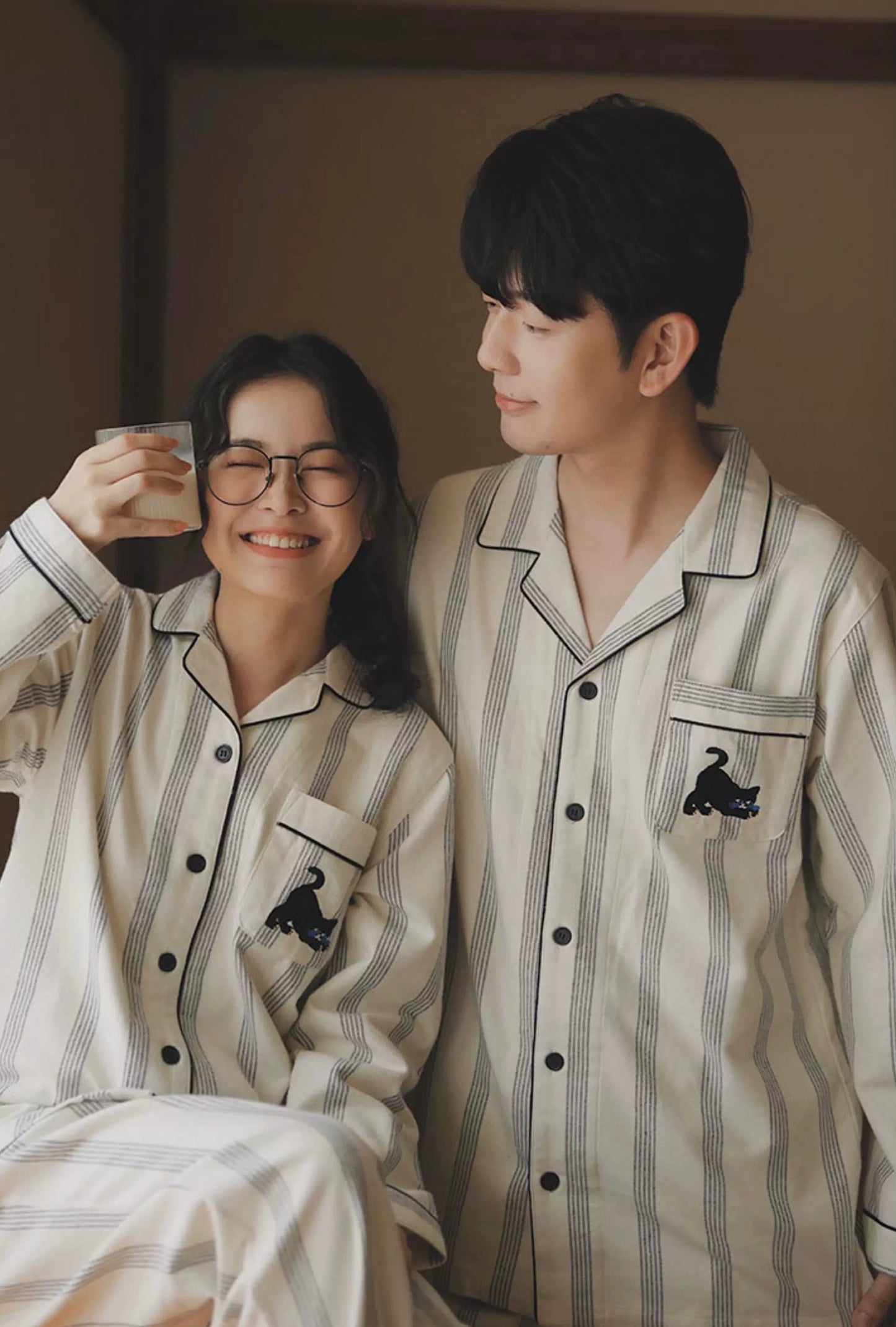 Couple Cotton Pajama Set – Striped Loungewear with Cat Embroidery