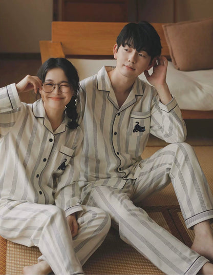 Couple Cotton Pajama Set – Striped Loungewear with Cat Embroidery
