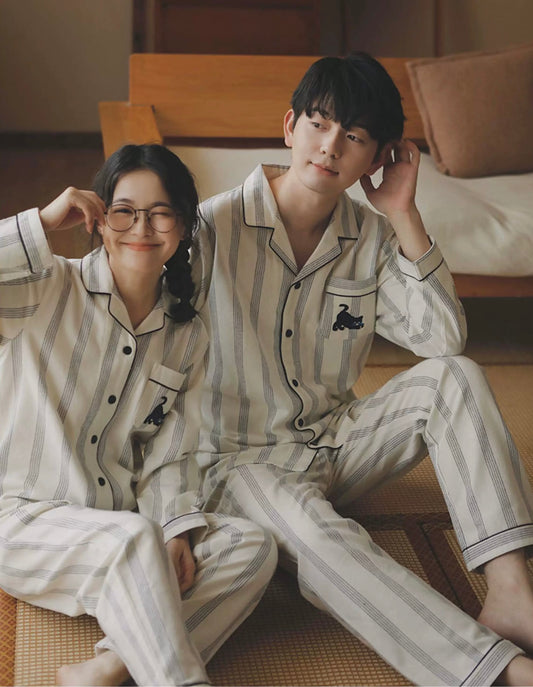 Couple Cotton Pajama Set – Striped Loungewear with Cat Embroidery