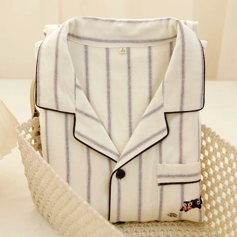 Couple Cotton Pajama Set – Striped Loungewear with Cat Embroidery